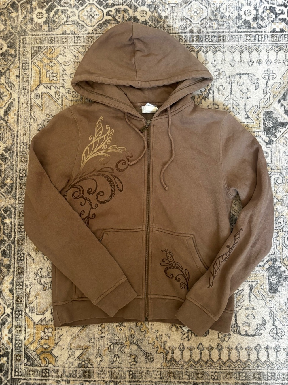 Brown Zip-Up Hoodie Sweater with Floral Print